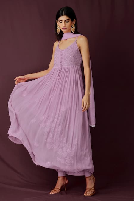 Buy_LABEL AISHWARYRIKA_Purple Chiffon, Georgette Chikankari, Mukaish Scoop Neck Anarkali Set 