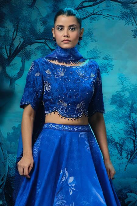 Shop_Mandira Wirk - Indian_Blue Chanderi Embroidery, Sequins Round Neck Lehenga Set _Online_at_Aza_Fashions