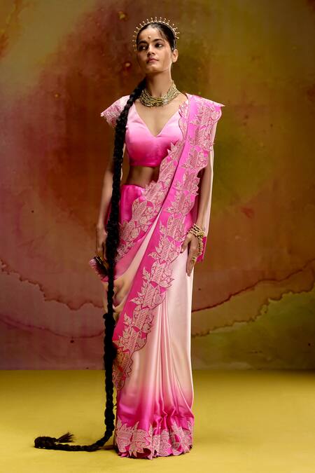 Kavitha Gutta_Pink Satin Embroidery, Zari V-neck Baby Ombre Saree With Border _Online_at_Aza_Fashions