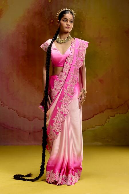 Buy_Kavitha Gutta_Pink Satin Embroidery, Zari V-neck Baby Ombre Saree With Border _Online_at_Aza_Fashions