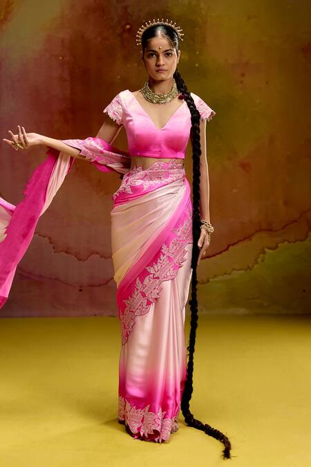 Kavitha Gutta_Pink Satin Embroidery, Zari V-neck Baby Ombre Saree With Border _at_Aza_Fashions