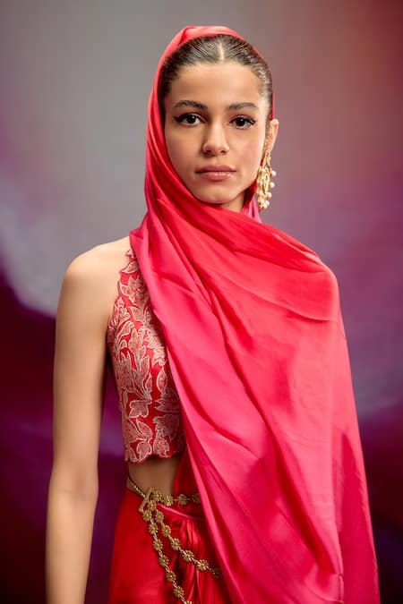 Shop_Kavitha Gutta_Orange Satin Zari Halter Neck Bold Banarasi Pre-draped Saree Set _Online_at_Aza_Fashions