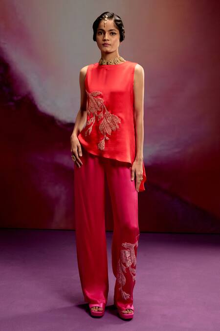 Kavitha Gutta Pink Satin Zari, Embroidery High Neck Asymmetric Top And Pant Set 