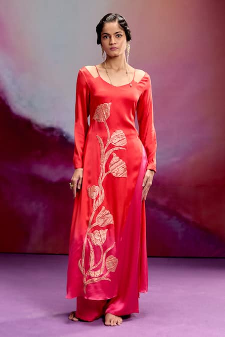 Kavitha Gutta Pink Satin Zari Round Neck Orange And Kurta Set 