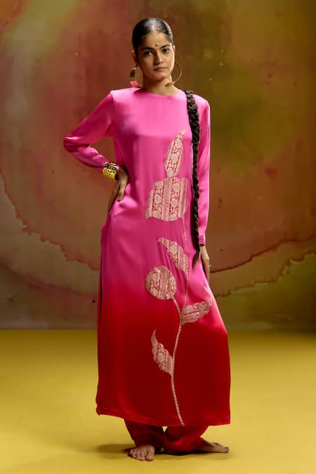 Kavitha Gutta_Pink Satin Applique Round Neck Ombre And Red Kurta Pant Set _Online_at_Aza_Fashions
