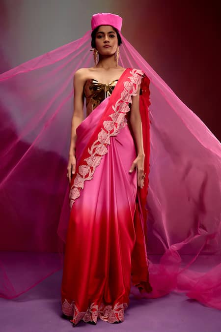 Kavitha Gutta_Pink Satin Zari Square Neck Ombre Saree With Applique _Online_at_Aza_Fashions