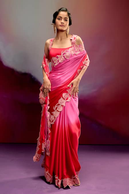 Kavitha Gutta Ombre Satin Saree with Zari Applique 