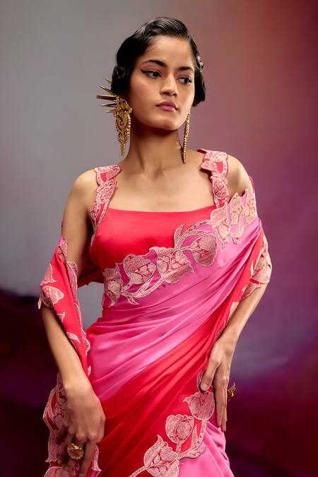 Buy_Kavitha Gutta_Pink Satin Zari Square Neck Ombre Saree With Applique _Online_at_Aza_Fashions