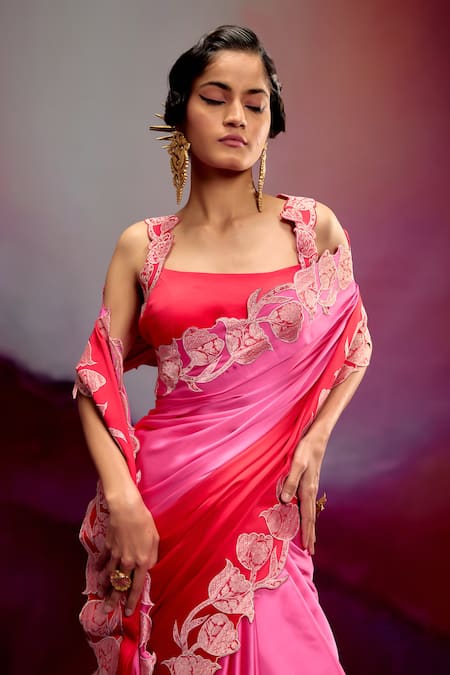 Shop_Kavitha Gutta_Pink Satin Zari Square Neck Ombre Saree With Applique _Online_at_Aza_Fashions