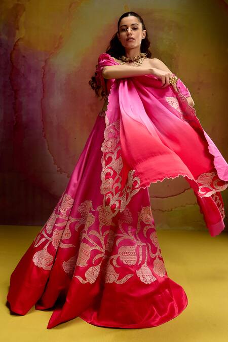 Kavitha Gutta_Pink Satin Zari, Embroidery Off-shoulder Red Petal Lehenga Set _Online_at_Aza_Fashions