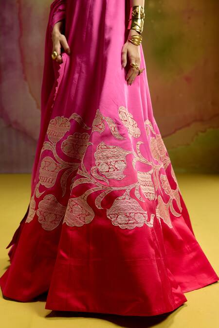 Shop_Kavitha Gutta_Pink Satin Zari, Embroidery Off-shoulder Red Petal Lehenga Set _Online_at_Aza_Fashions