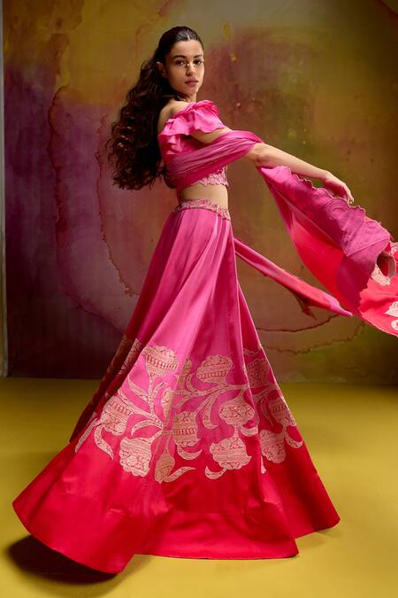Kavitha Gutta_Pink Satin Zari, Embroidery Off-shoulder Red Petal Lehenga Set _at_Aza_Fashions