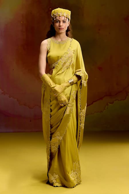 Kavitha Gutta_Green Satin Zari, Embroidery Round Neck Mehandi Saree And Blouse Set _Online_at_Aza_Fashions