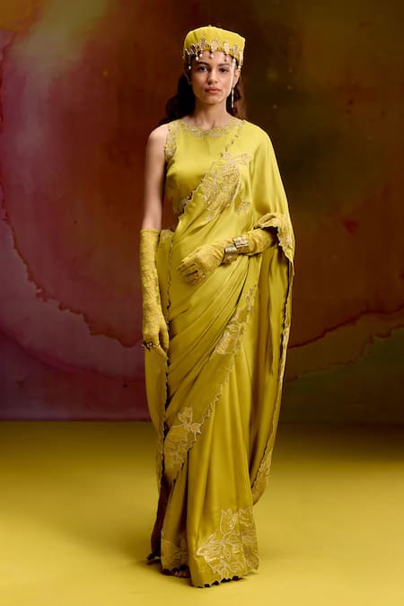 Kavitha Gutta Green Satin Zari, Embroidery Round Neck Mehandi Saree And Blouse Set 