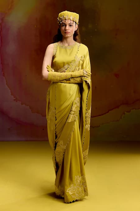 Buy_Kavitha Gutta_Green Satin Zari, Embroidery Round Neck Mehandi Saree And Blouse Set _Online_at_Aza_Fashions