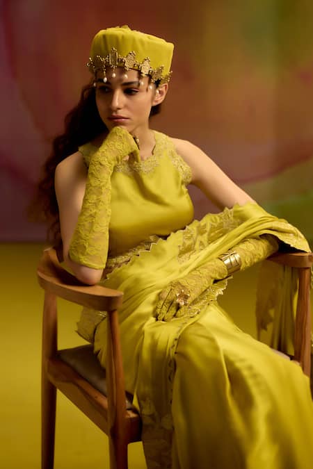 Shop_Kavitha Gutta_Green Satin Zari, Embroidery Round Neck Mehandi Saree And Blouse Set _Online_at_Aza_Fashions