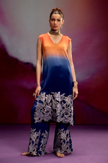 Kavitha Gutta Orange Satin Zari V-neck Ombre Kurta Set With Work 