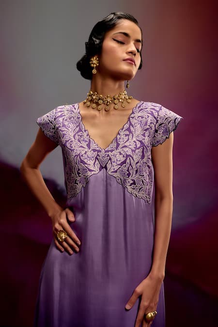 Shop_Kavitha Gutta_Lavender Satin Zari V-neck Ombre Kurta Pant Set _Online_at_Aza_Fashions