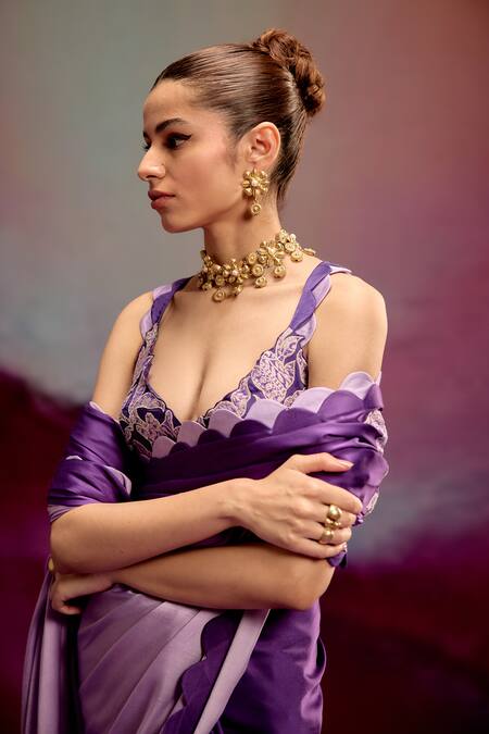 Shop_Kavitha Gutta_Lavender Satin Zari V-neck Ombre Saree With Scalloped Blouse _Online_at_Aza_Fashions