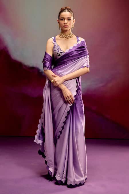 Kavitha Gutta Lavender Satin Zari V-neck Ombre Saree With Scalloped Blouse 