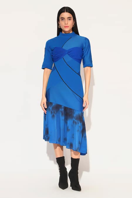 Linetribe_ Blue High Neck Clover Dress Online at Aza Fashions Linetribe__Blue High Neck Clover Dress _Online_at_Aza_Fashions