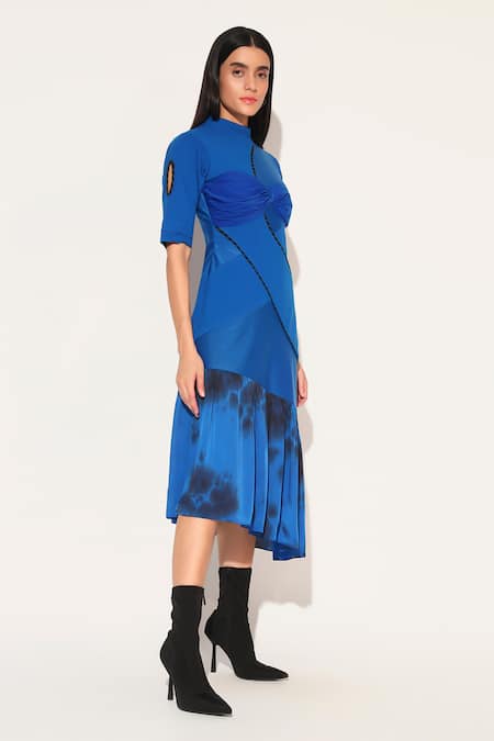 Shop Linetribe_ Blue High Neck Clover Dress Online at Aza Fashions Shop_Linetribe__Blue High Neck Clover Dress _Online_at_Aza_Fashions