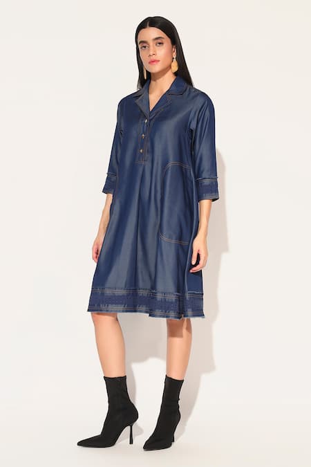 Buy Linetribe_ Blue Denim Embroidery Collared Lumira Dress Online at Aza Fashions Buy_Linetribe__Blue Denim Embroidery Collared Lumira Dress _Online_at_Aza_Fashions
