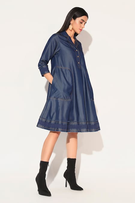 Shop Linetribe_ Blue Denim Embroidery Collared Lumira Dress Online at Aza Fashions Shop_Linetribe__Blue Denim Embroidery Collared Lumira Dress _Online_at_Aza_Fashions