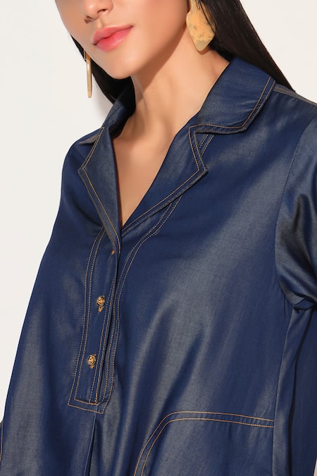 Linetribe_ Blue Denim Embroidery Collared Lumira Dress at Aza Fashions Linetribe__Blue Denim Embroidery Collared Lumira Dress _at_Aza_Fashions