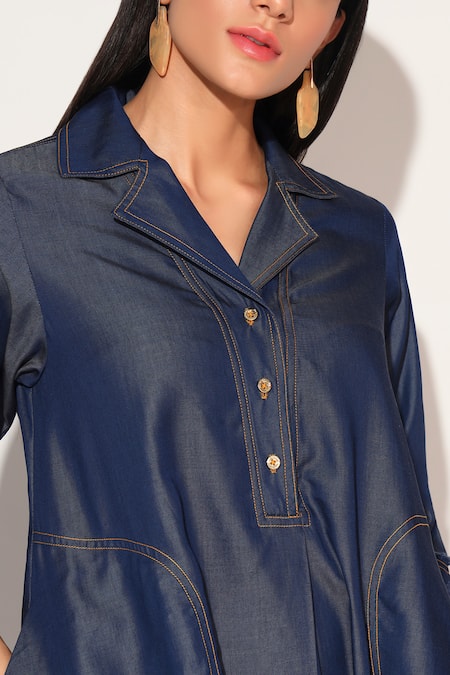 Buy Linetribe_ Blue Denim Embroidery Collared Lumira Dress Buy_Linetribe__Blue Denim Embroidery Collared Lumira Dress