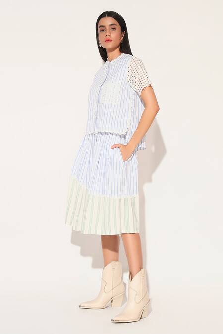 Buy Linetribe_ White Cotton Round Neck Striped Shirt And Skirt Set Online at Aza Fashions Buy_Linetribe__White Cotton Round Neck Striped Shirt And Skirt Set _Online_at_Aza_Fashions