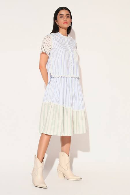 Shop Linetribe_ White Cotton Round Neck Striped Shirt And Skirt Set Online at Aza Fashions Shop_Linetribe__White Cotton Round Neck Striped Shirt And Skirt Set _Online_at_Aza_Fashions