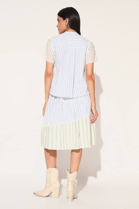 Linetribe_ White Cotton Round Neck Striped Shirt And Skirt Set Online at Aza Fashions Linetribe__White Cotton Round Neck Striped Shirt And Skirt Set _Online_at_Aza_Fashions