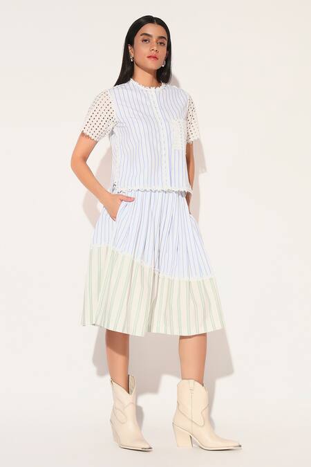 Linetribe_ White Cotton Round Neck Striped Shirt And Skirt Set at Aza Fashions Linetribe__White Cotton Round Neck Striped Shirt And Skirt Set _at_Aza_Fashions