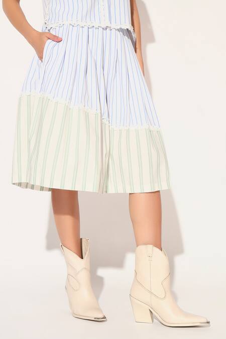 Buy Linetribe_ White Cotton Round Neck Striped Shirt And Skirt Set Buy_Linetribe__White Cotton Round Neck Striped Shirt And Skirt Set