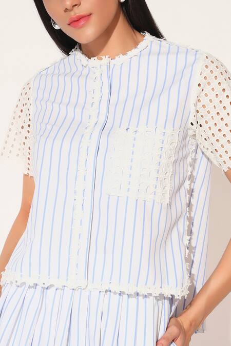 Shop Linetribe_ White Cotton Round Neck Striped Shirt And Skirt Set Shop_Linetribe__White Cotton Round Neck Striped Shirt And Skirt Set