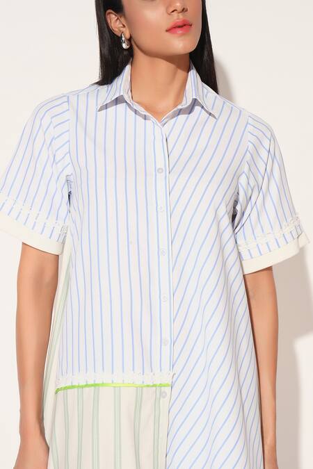 Linetribe_ White Cotton Collared Striped Elara Dress at Aza Fashions Linetribe__White Cotton Collared Striped Elara Dress _at_Aza_Fashions