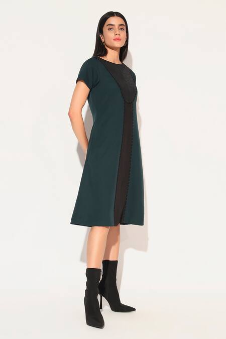Linetribe_ Green Crepe Round Neck Designer Oberon Dress Online at Aza Fashions Linetribe__Green Crepe Round Neck Designer Oberon Dress _Online_at_Aza_Fashions