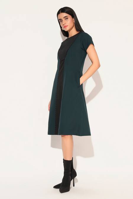 Buy Linetribe_ Green Crepe Round Neck Designer Oberon Dress Online at Aza Fashions Buy_Linetribe__Green Crepe Round Neck Designer Oberon Dress _Online_at_Aza_Fashions