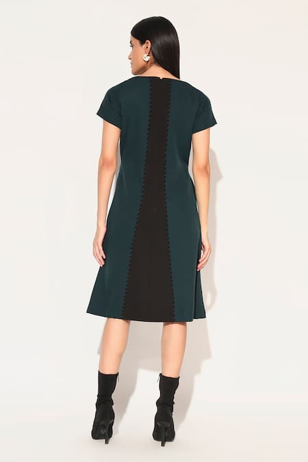 Shop Linetribe_ Green Crepe Round Neck Designer Oberon Dress at Aza Fashions Shop_Linetribe__Green Crepe Round Neck Designer Oberon Dress _at_Aza_Fashions