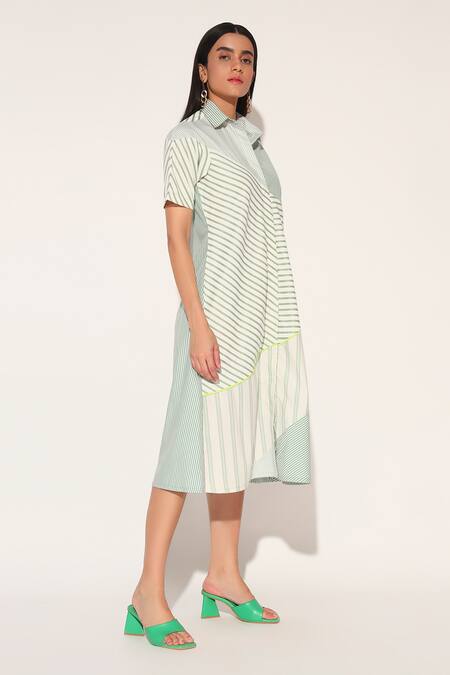 Shop Linetribe_ Green Cotton Collared Auriel Striped Dress Online at Aza Fashions Shop_Linetribe__Green Cotton Collared Auriel Striped Dress _Online_at_Aza_Fashions