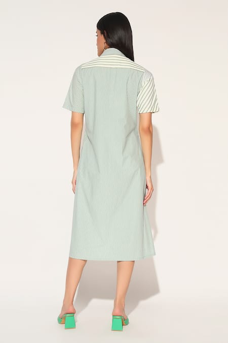 Linetribe_ Green Cotton Collared Auriel Striped Dress Online at Aza Fashions Linetribe__Green Cotton Collared Auriel Striped Dress _Online_at_Aza_Fashions