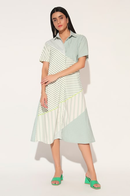 Linetribe_ Green Cotton Collared Auriel Striped Dress 