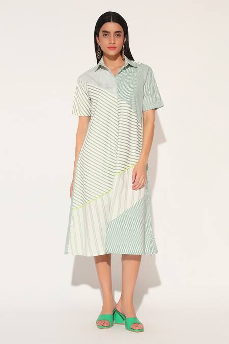 Linetribe_ Green Cotton Collared Auriel Striped Dress at Aza Fashions Linetribe__Green Cotton Collared Auriel Striped Dress _at_Aza_Fashions