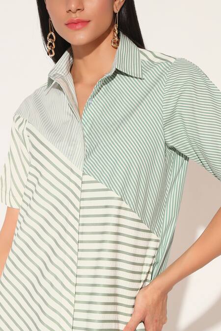 Buy Linetribe_ Green Cotton Collared Auriel Striped Dress Buy_Linetribe__Green Cotton Collared Auriel Striped Dress