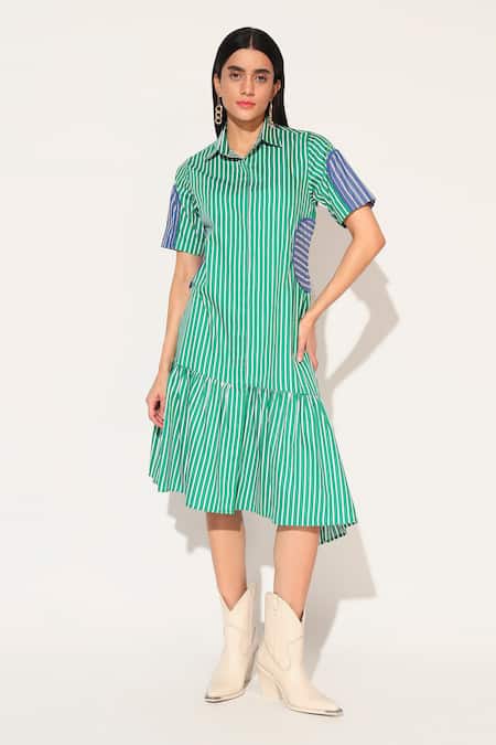 Linetribe_ Green Cotton Collared Striped Astralia Dress