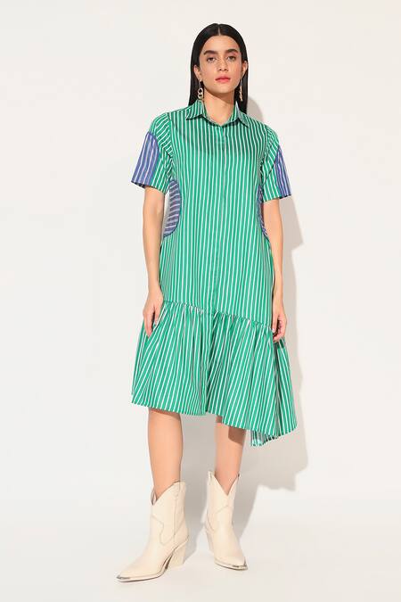 Linetribe_ Green Cotton Collared Striped Astralia Dress Online at Aza Fashions Linetribe__Green Cotton Collared Striped Astralia Dress _Online_at_Aza_Fashions