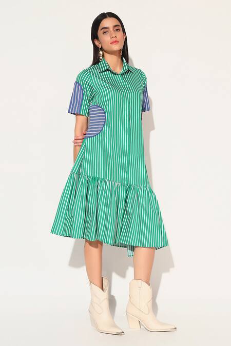 Buy Linetribe_ Green Cotton Collared Striped Astralia Dress Online at Aza Fashions Buy_Linetribe__Green Cotton Collared Striped Astralia Dress _Online_at_Aza_Fashions
