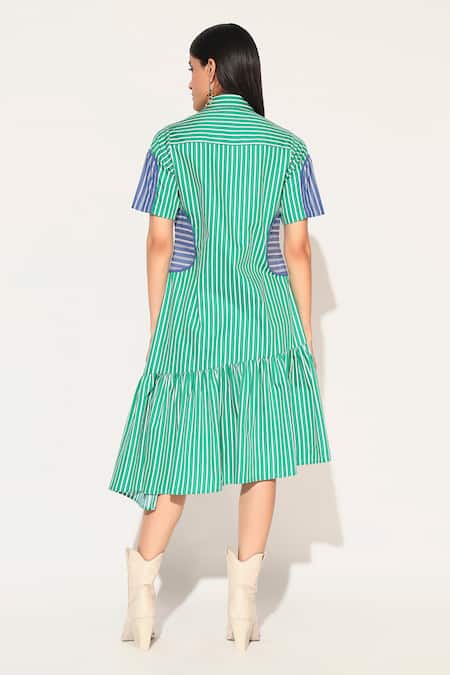 Shop Linetribe_ Green Cotton Collared Striped Astralia Dress at Aza Fashions Shop_Linetribe__Green Cotton Collared Striped Astralia Dress _at_Aza_Fashions