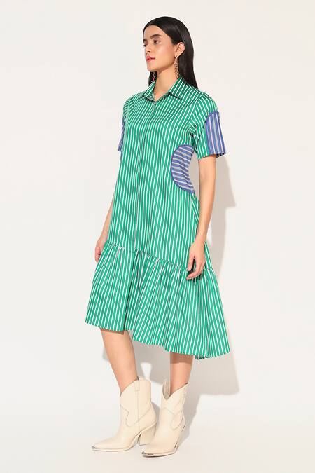 Shop Linetribe_ Green Cotton Collared Striped Astralia Dress Online at Aza Fashions Shop_Linetribe__Green Cotton Collared Striped Astralia Dress _Online_at_Aza_Fashions
